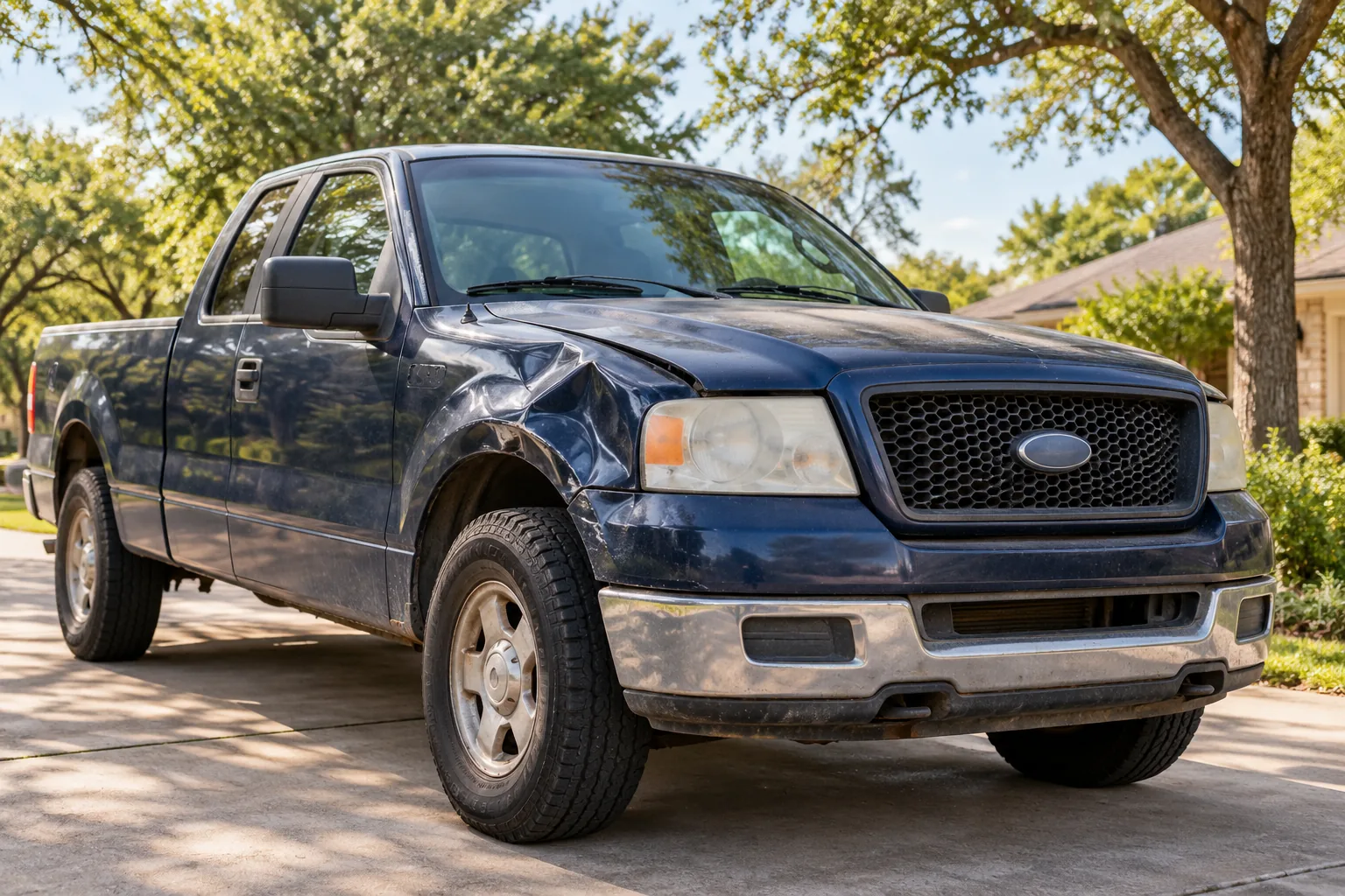 Illustrative weathered blue pickup in a residential driveway